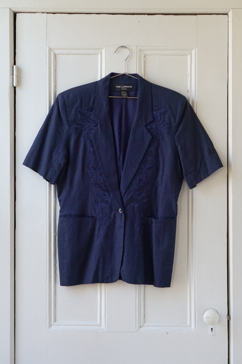 Navy Floral Embroidered Short Sleeve Blazer | Size L