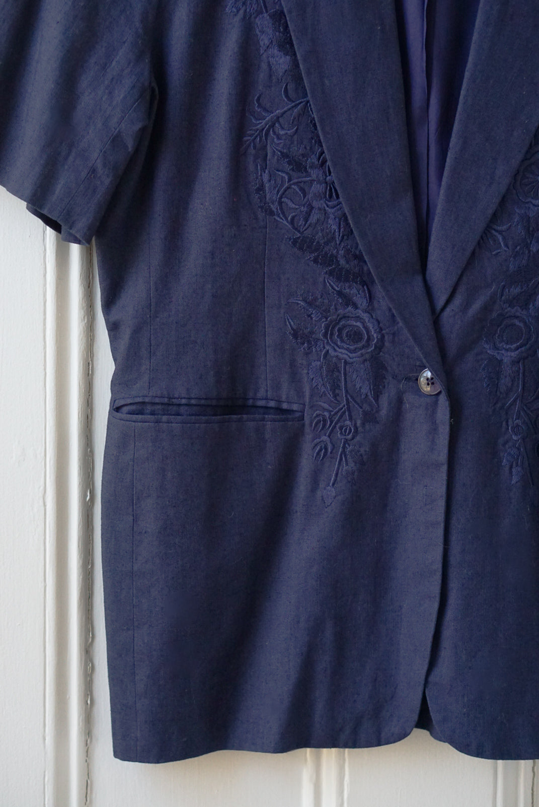 Navy Floral Embroidered Short Sleeve Blazer | Size L