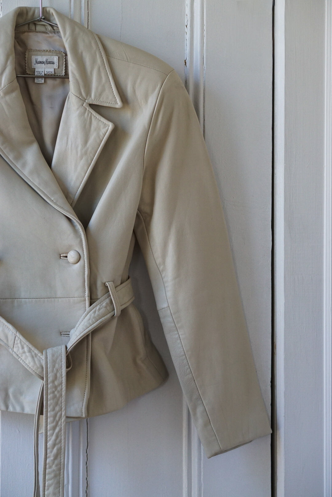 Bone White Belted Leather Jacket | Size S