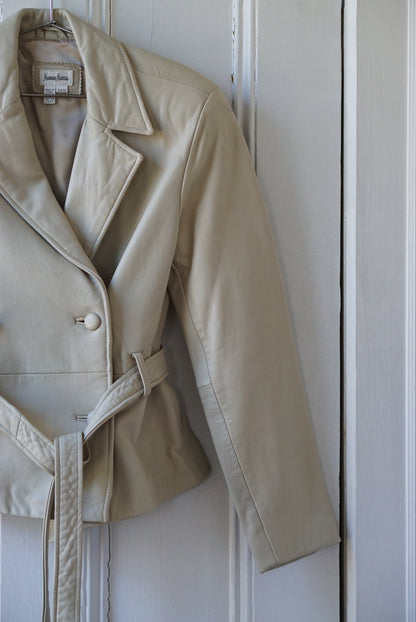 Bone White Belted Leather Jacket | Size S