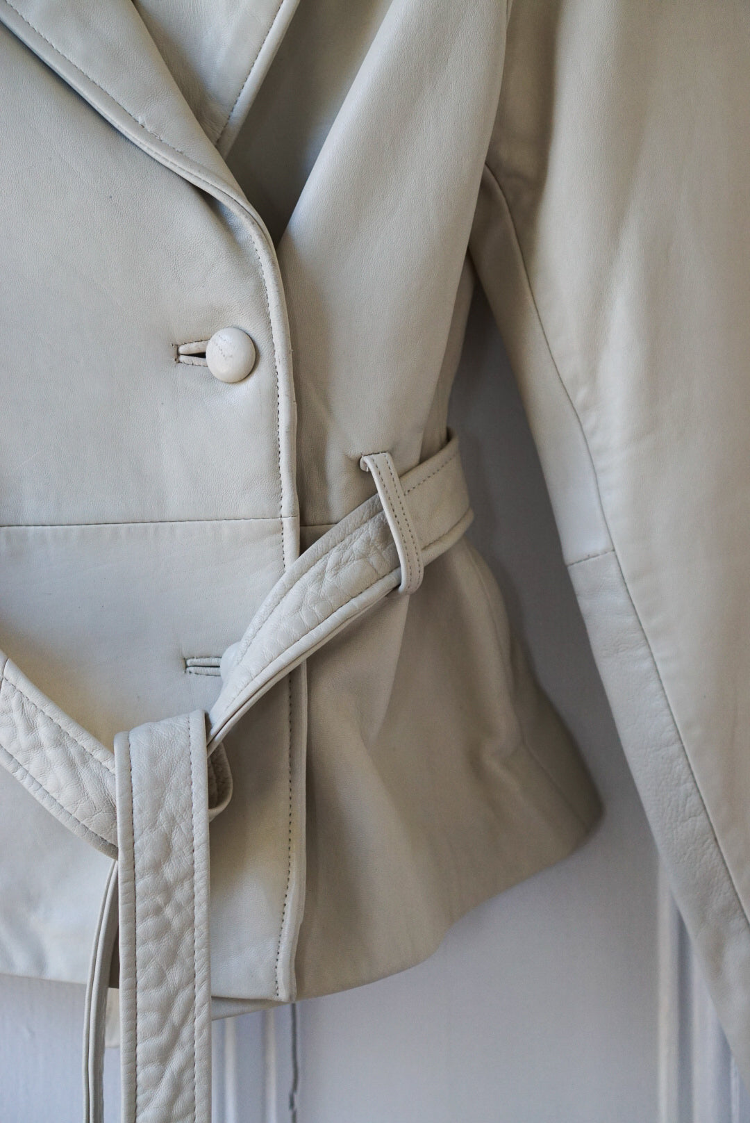 Bone White Belted Leather Jacket | Size S