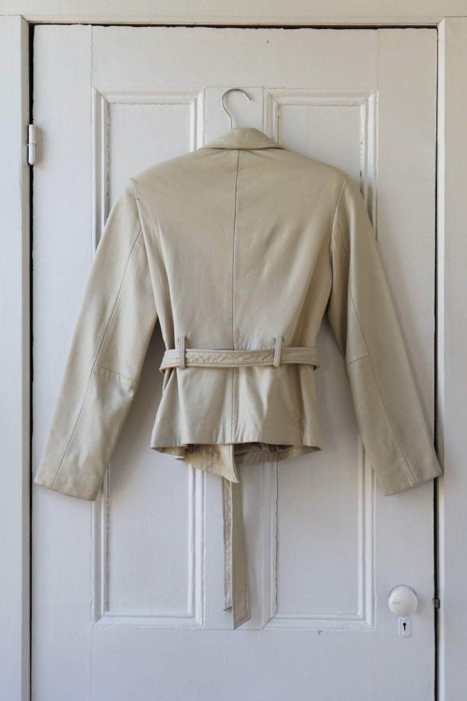 Bone White Belted Leather Jacket | Size S