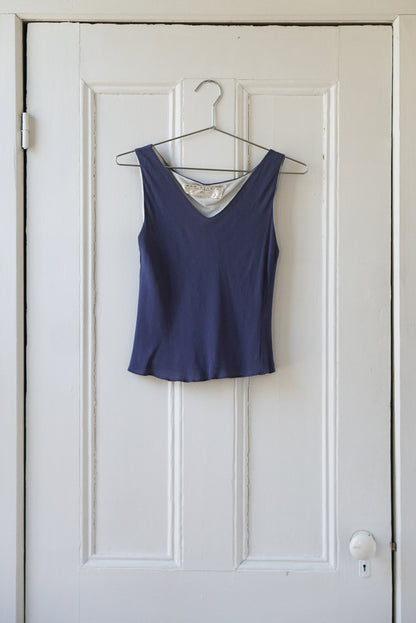 French Navy Sleeveless V Neck Top | Size S