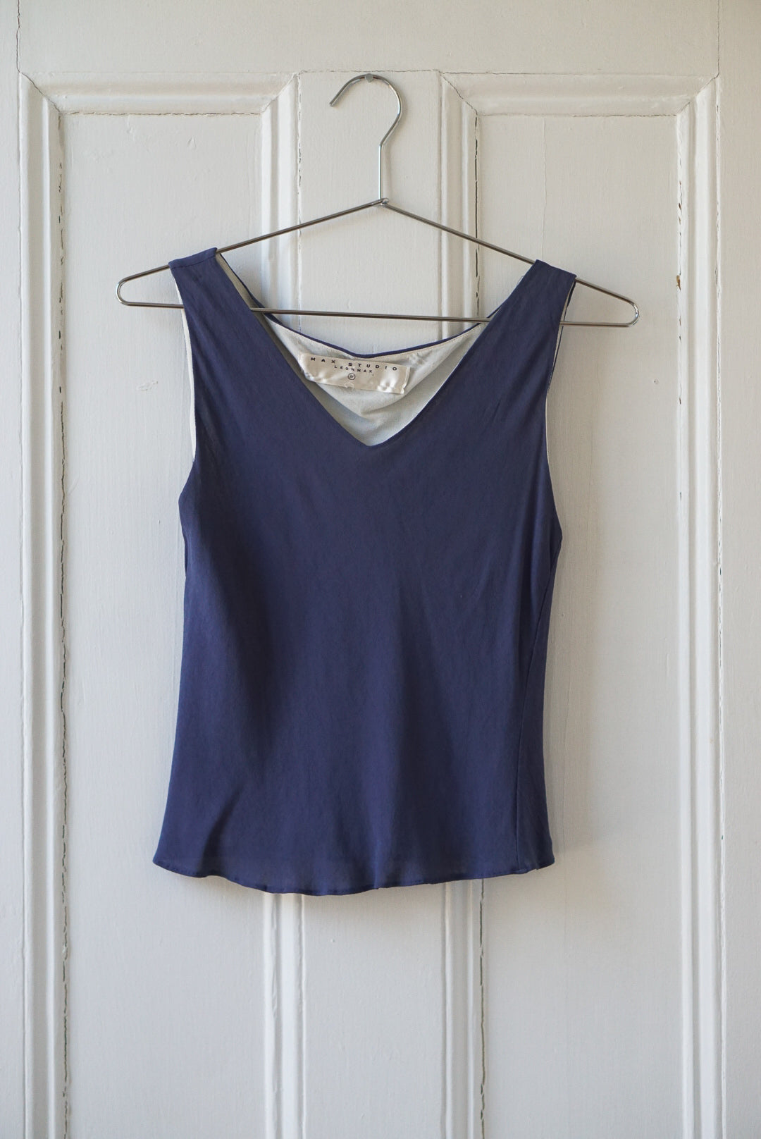 French Navy Sleeveless V Neck Top | Size S
