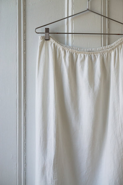 White Linen Maxi Skirt w Drawstring Hem | Size L/XL