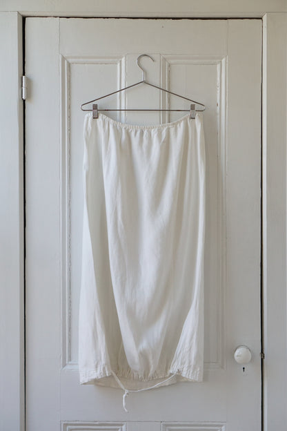 White Linen Maxi Skirt w Drawstring Hem | Size L/XL