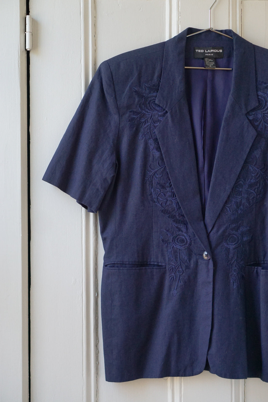 Navy Floral Embroidered Short Sleeve Blazer | Size L