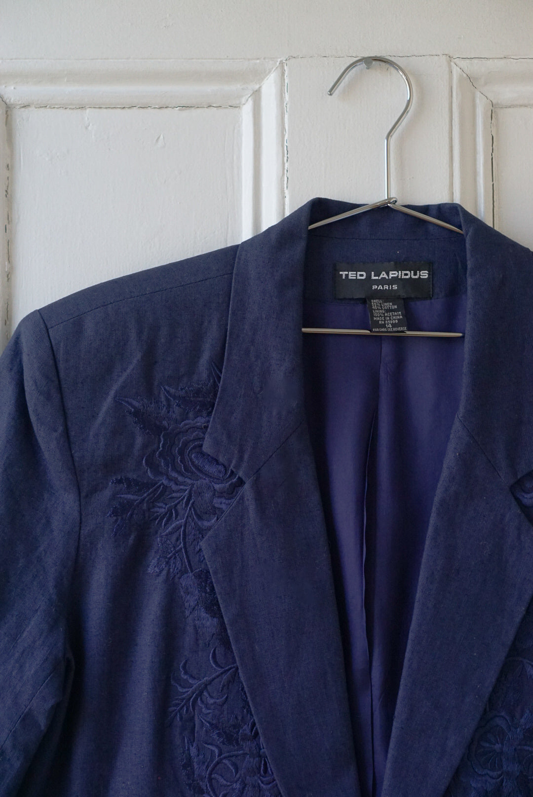 Navy Floral Embroidered Short Sleeve Blazer | Size L