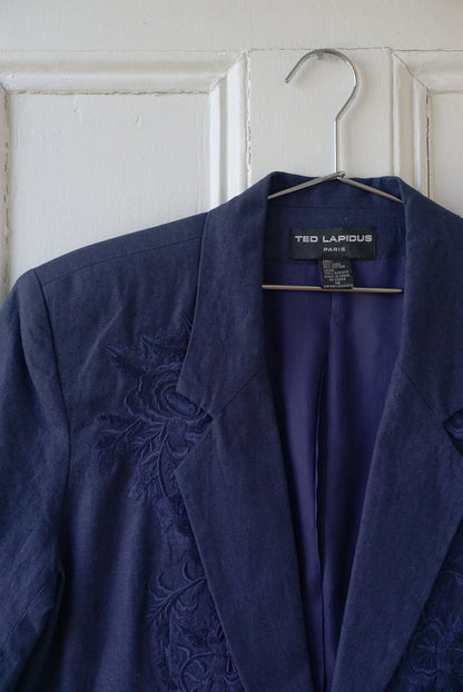 Navy Floral Embroidered Short Sleeve Blazer | Size L