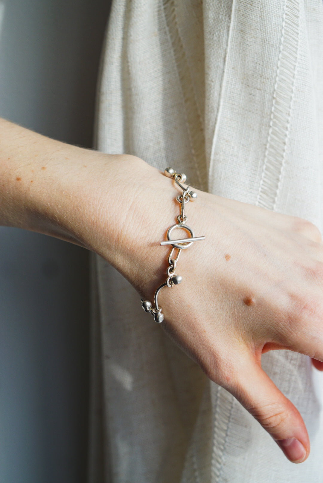 Mexican Sterling Silver Ball Link Toggle Bracelet