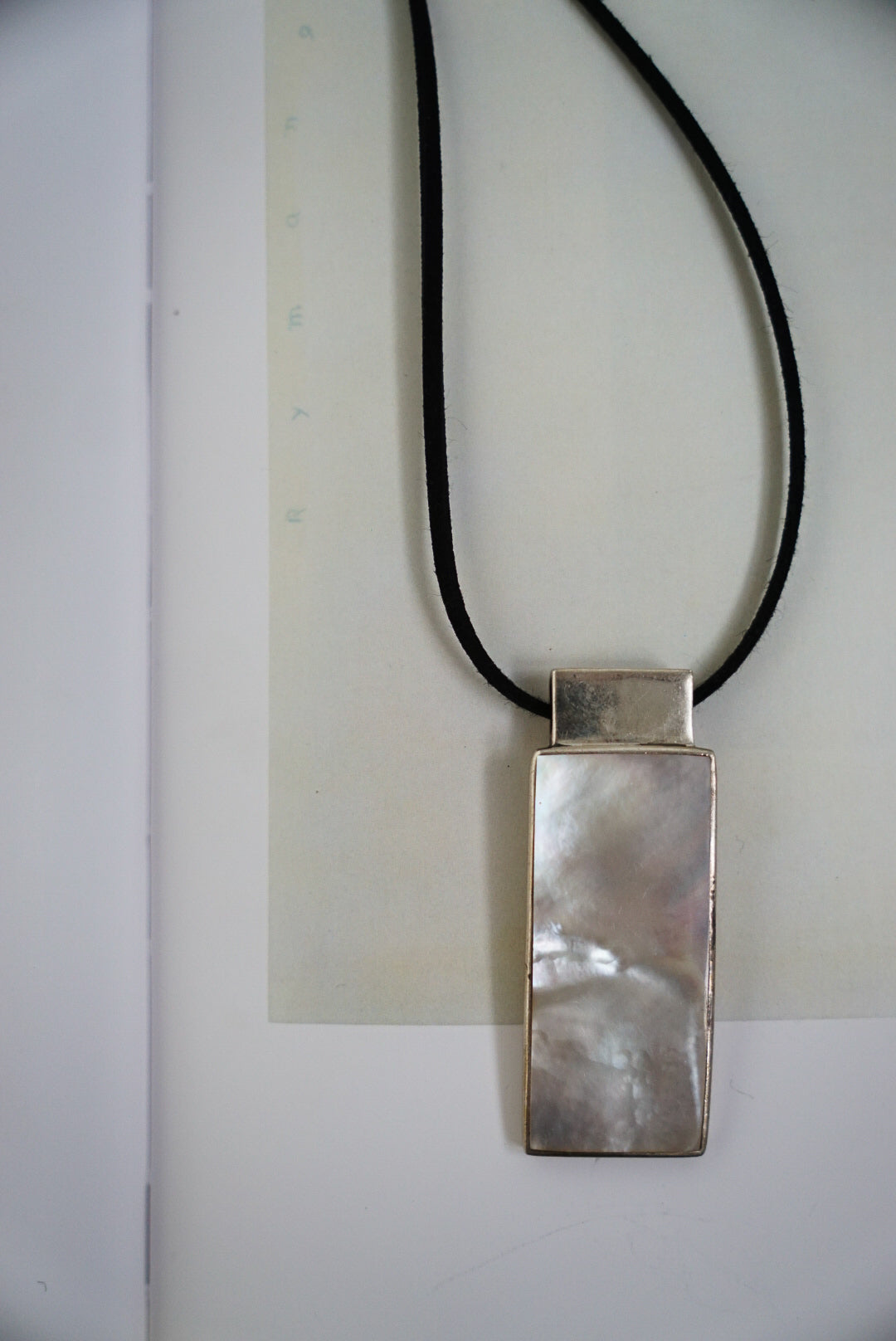 Long Sterling Mother of Pearl Pendant on Black Suede Cord