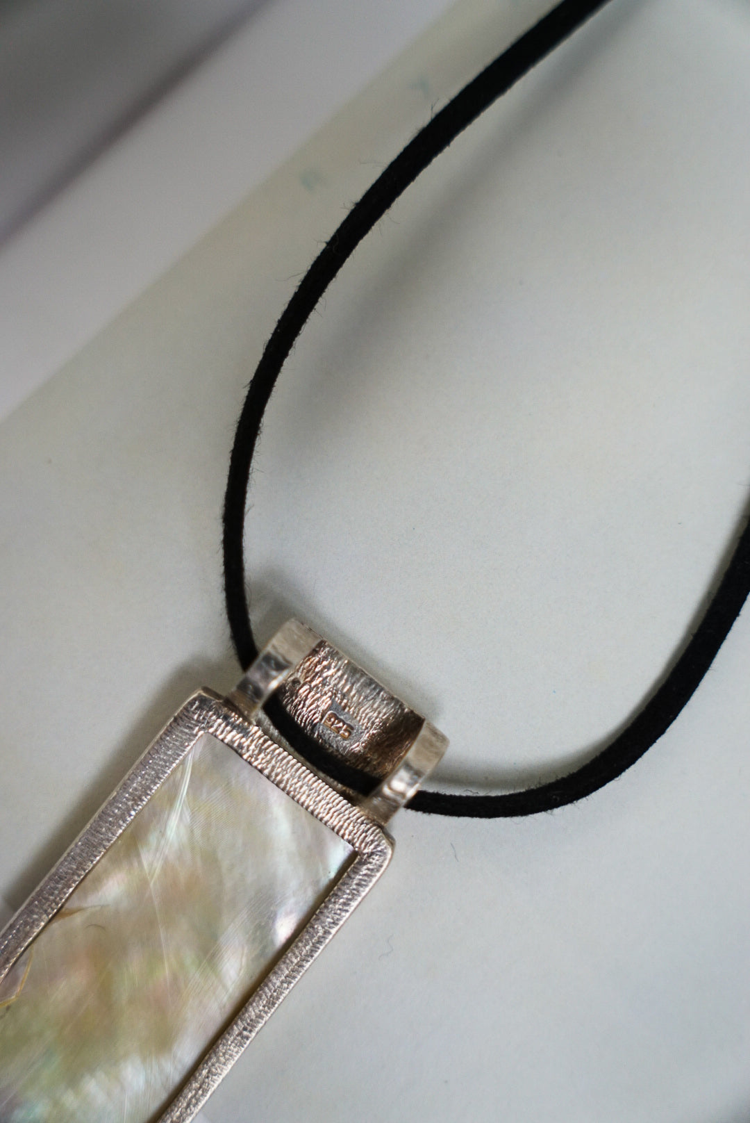 Long Sterling Mother of Pearl Pendant on Black Suede Cord
